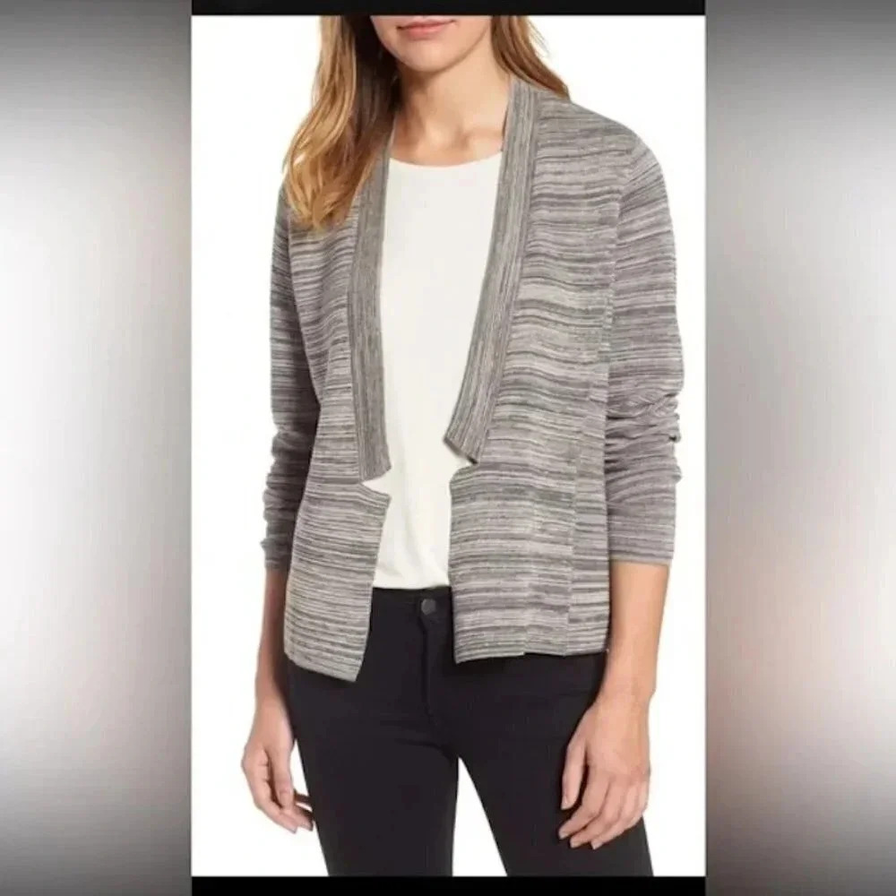 Eileen Fisher Gray Marl Stripe Open Drape Notch Collar Sweater Size Small